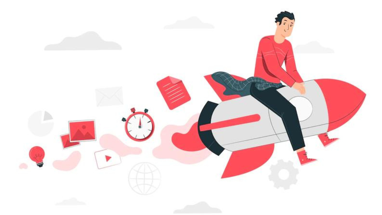 Man flying on rocket with lightbulb, youtube button, dogs, and clock behind him