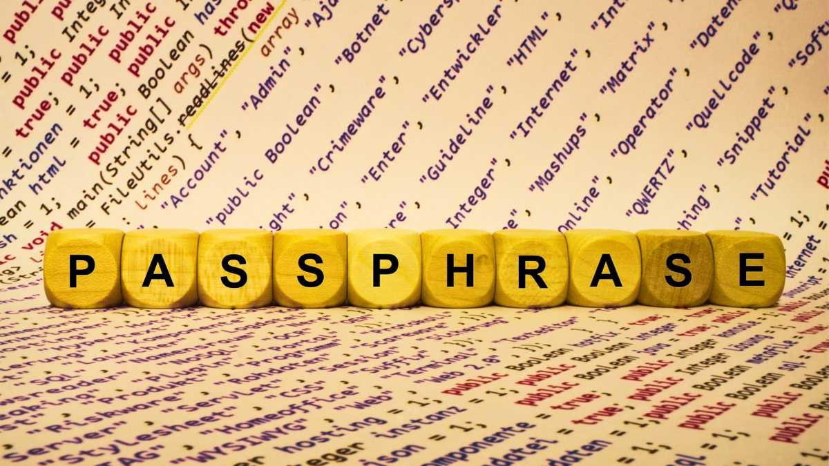 The word "passphrase" spelled out on dice on a piece of paper that has many words written down in different colors and that looks like code.