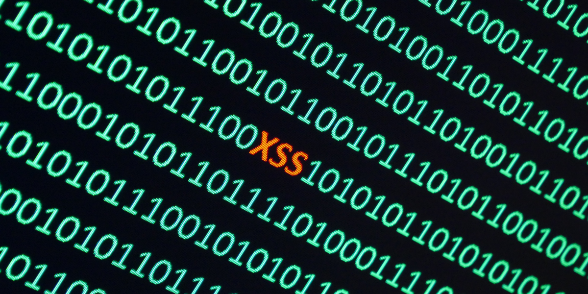 Ones and zero code in green with "XSS" in orange and centered on the page representing an XSS attack.