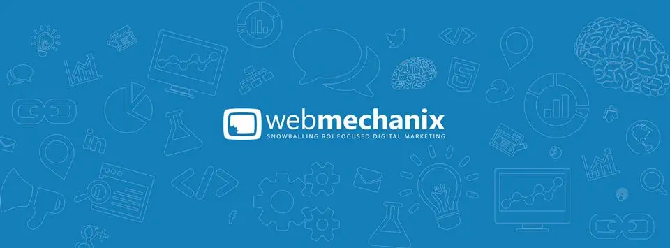 webmechanix text in a blue background with icons