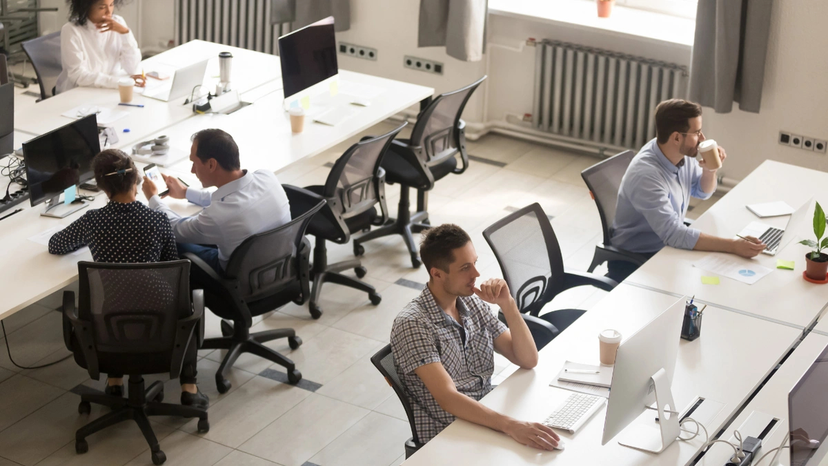 Five office workers sitting at long tables and working on computers.