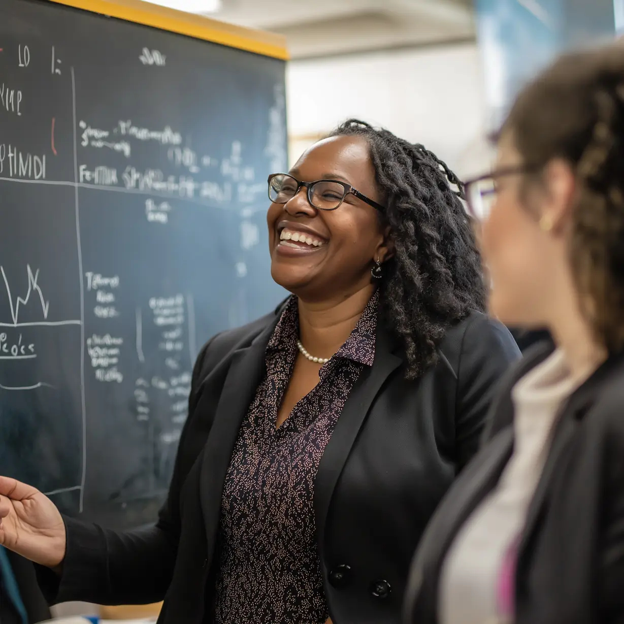 Education administrators working together around a chalkboard