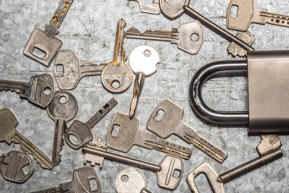 Pile of antique keys and a lock