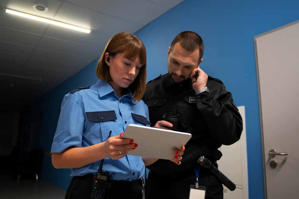 Two security officers standing and reviewing reports