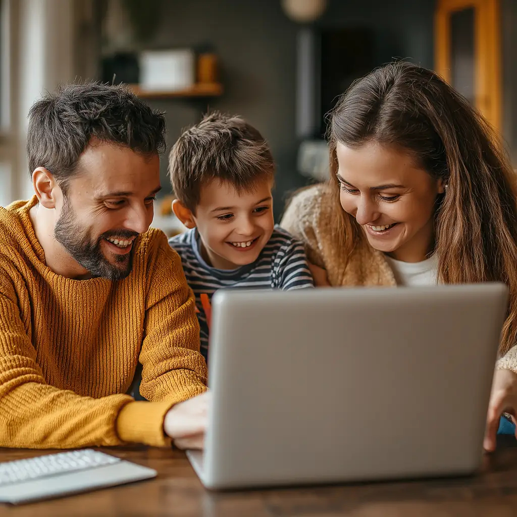 Family sitting around a laptop