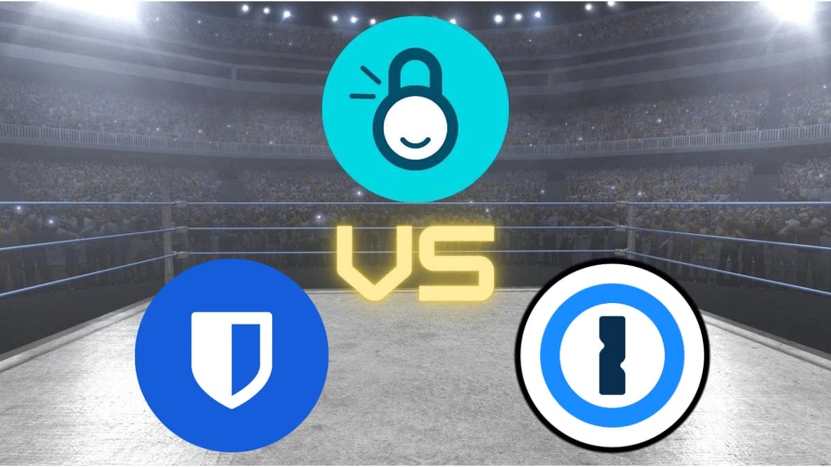 TeamPassword, Bitwarden, and 1Password logos in a wrestling arena