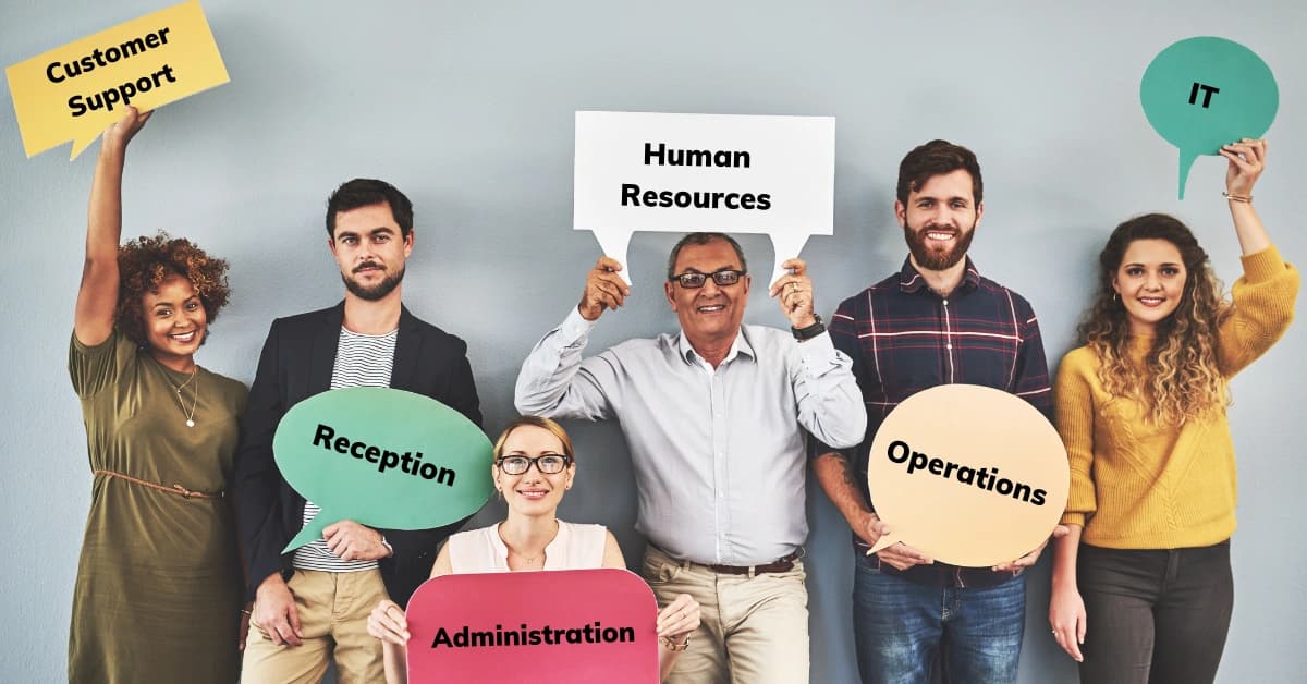 A diverse group of six workers holding signs representing different jobs including customer support, reception, administration, human resources, operations, and IT