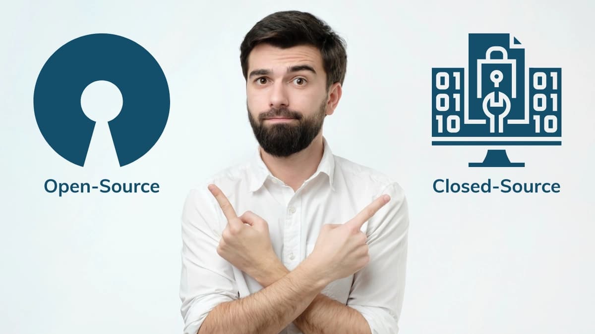 A man in a business shirt has his arms crossed in front of him with his pointer fingers pointing over each shoulder, one points to an icon for "open-source" with the text "open-source" beneath it, the other points to an icon for "closed-source"
