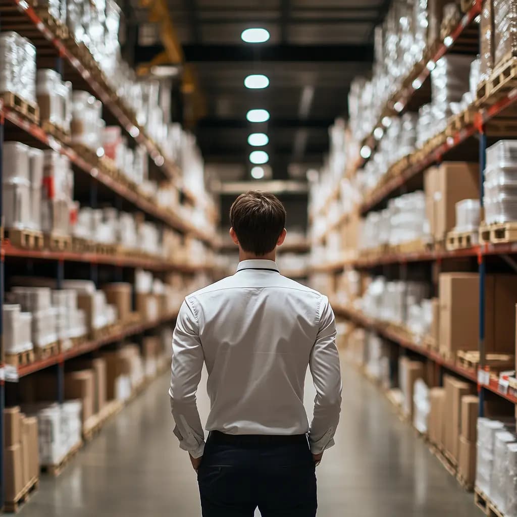 Retail manager examining shelves in warehouse