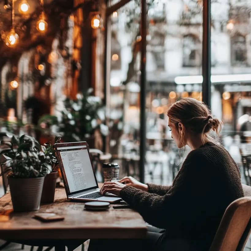 Freelancer in coffee shop working on laptop