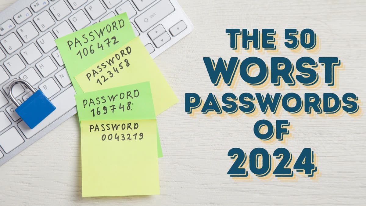 A keyboard in the top left corner has a blue lock on it and four sticky notes, each of which has a numeric password, the words "The 50 Worst Passwords of 2024" are on the right in bold