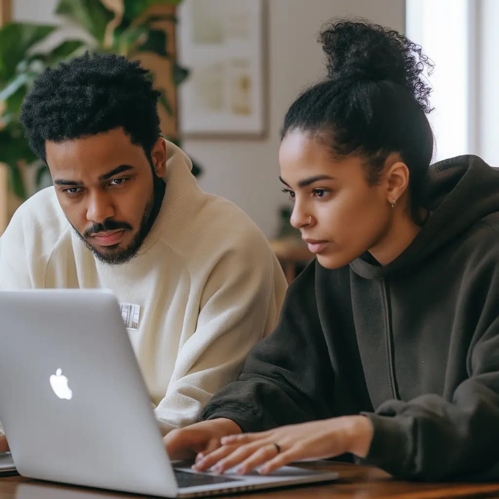 Coworkers looking at a laptop screen together