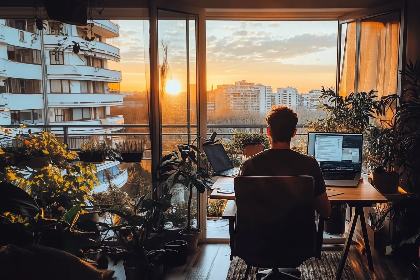 Remote worker on laptop looking out over cityscape from his bedroom