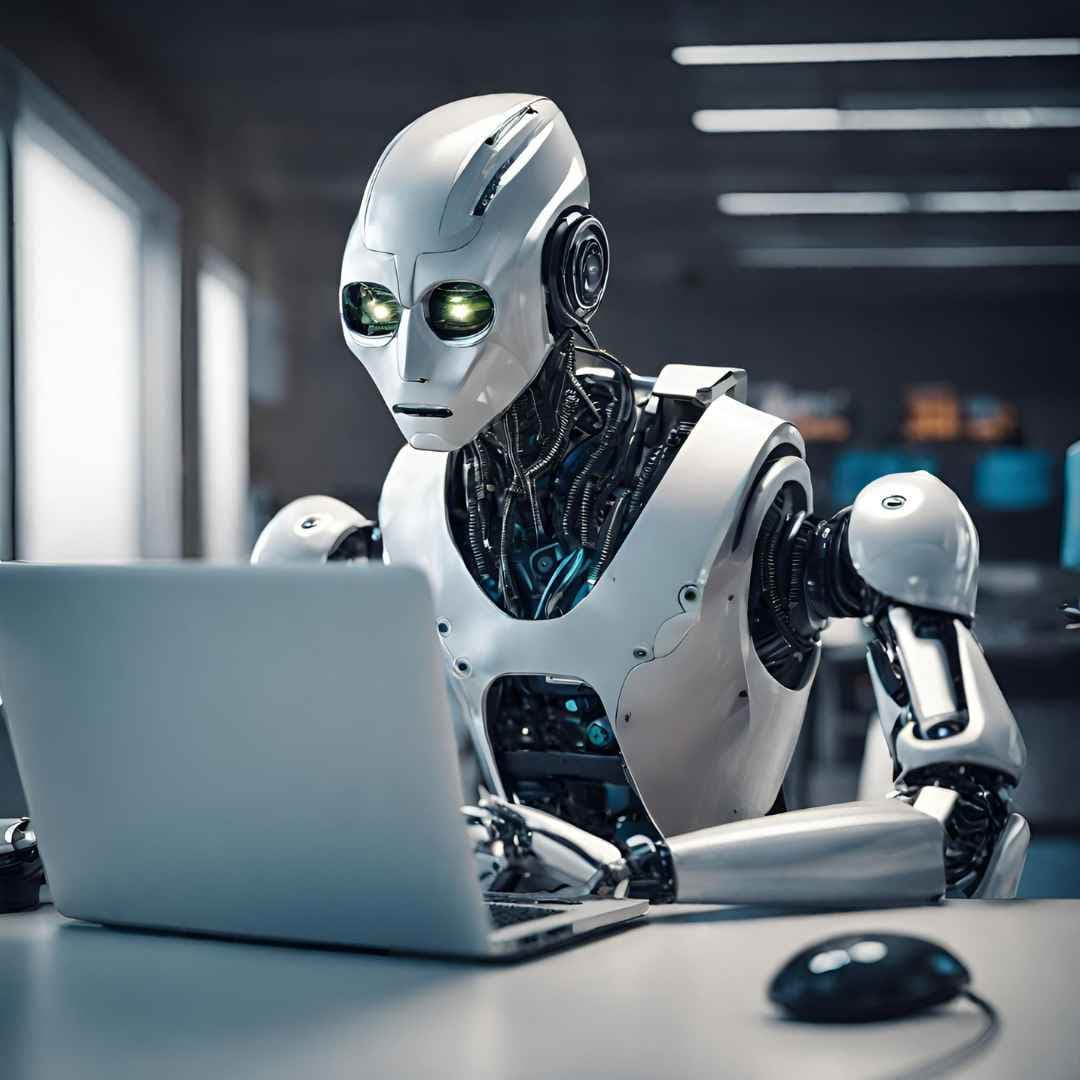Robot sitting at computer learning to code