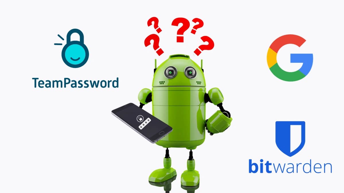 Green android character holding a phone with red question marks above its head and the TeamPassword, Google, and bitwarden logos around it.