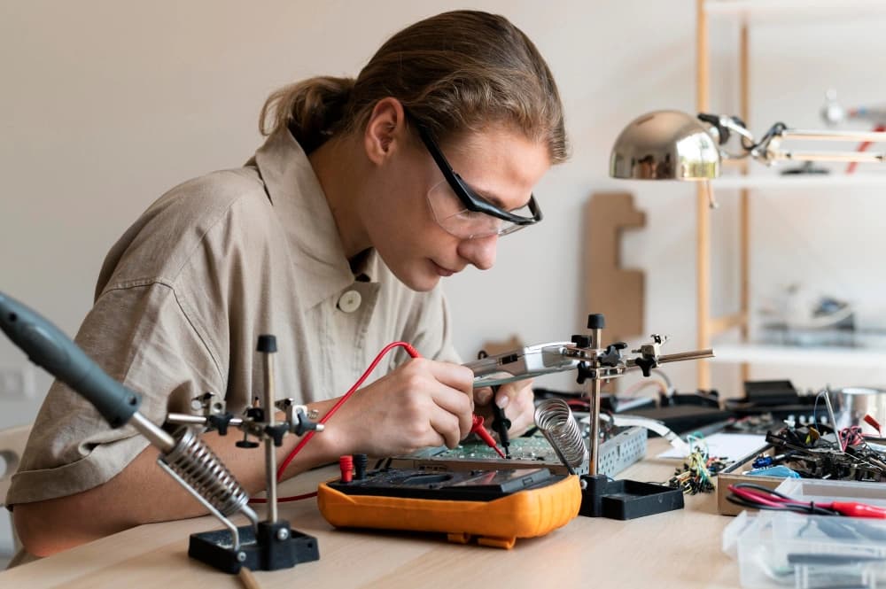 young female inventor creating in her workshop