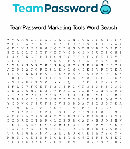 A word find square, teampassword text and its logo
