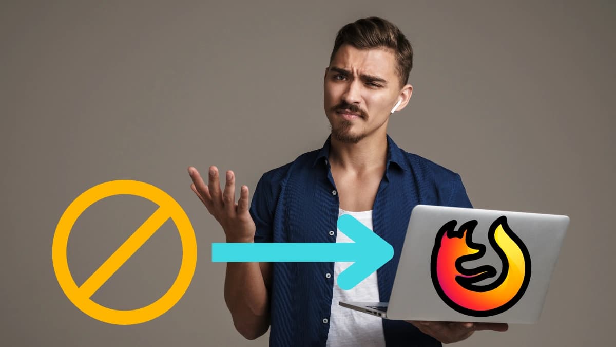 Man making a skeptical gesture while holding laptop with Firefox logo