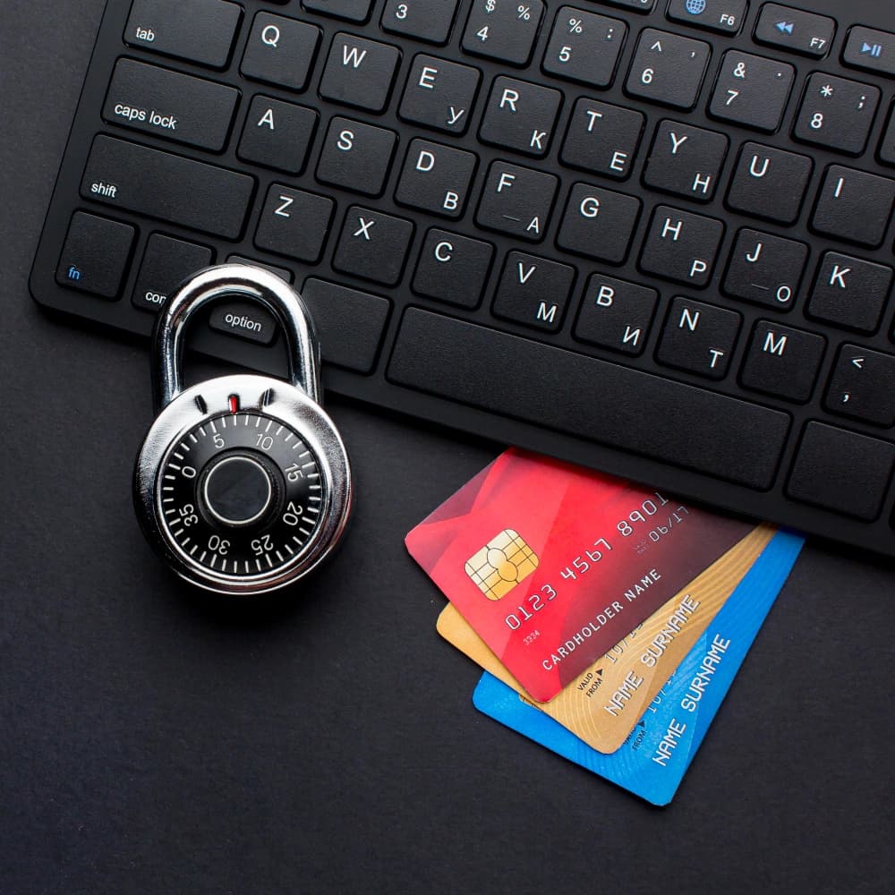 Lock, credit cards, and keyboard
