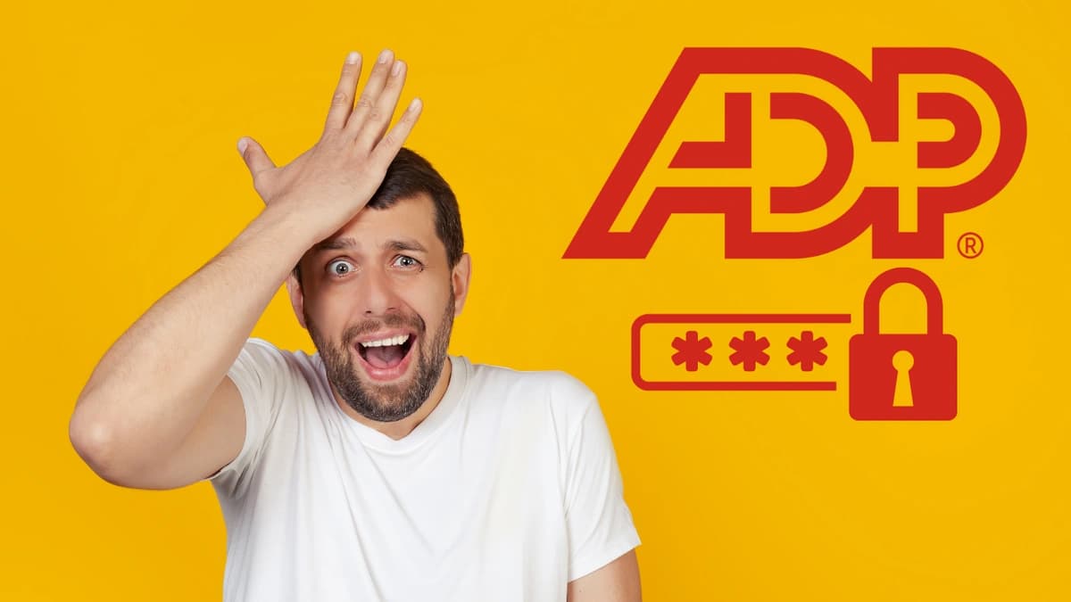 Man hitting head in disbelief with ADP logo and a lock symbol with masked password symbol beside his head.