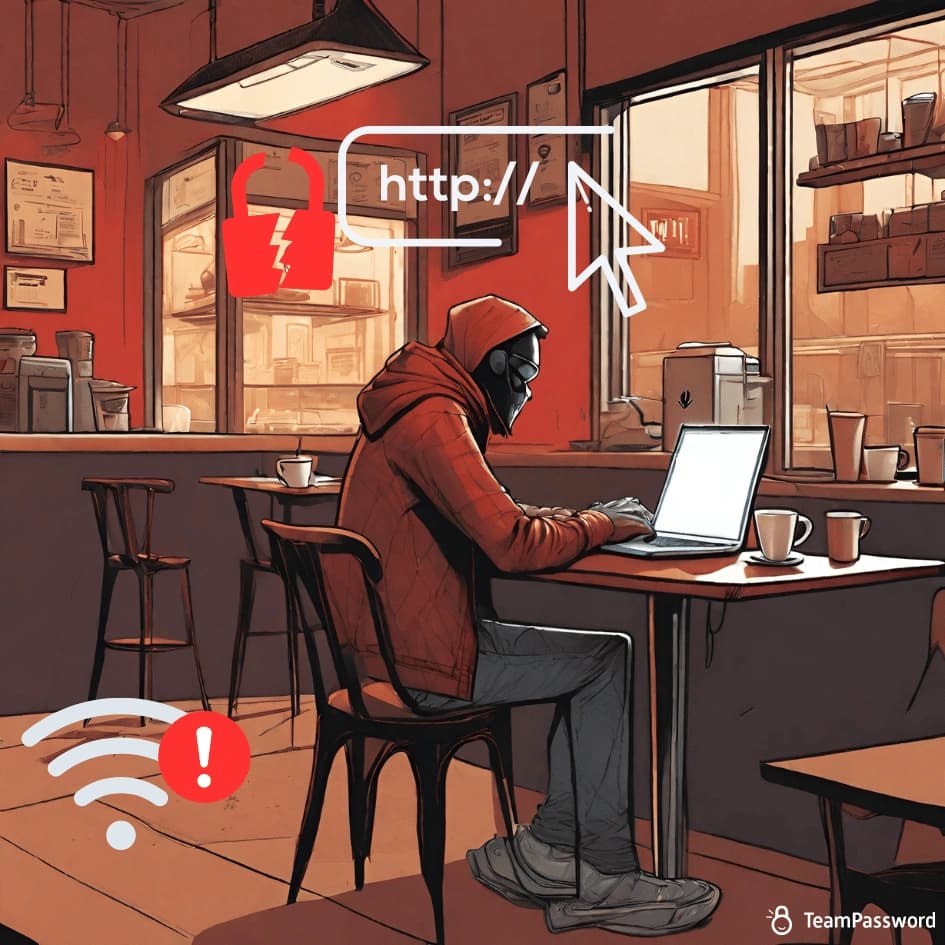 Cybercriminal in coffee shop stealing data with man-in-the-middle attack