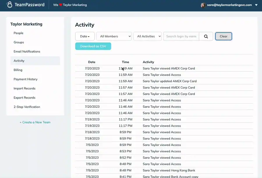 TeamPassword activity log shows who opened what records and when.