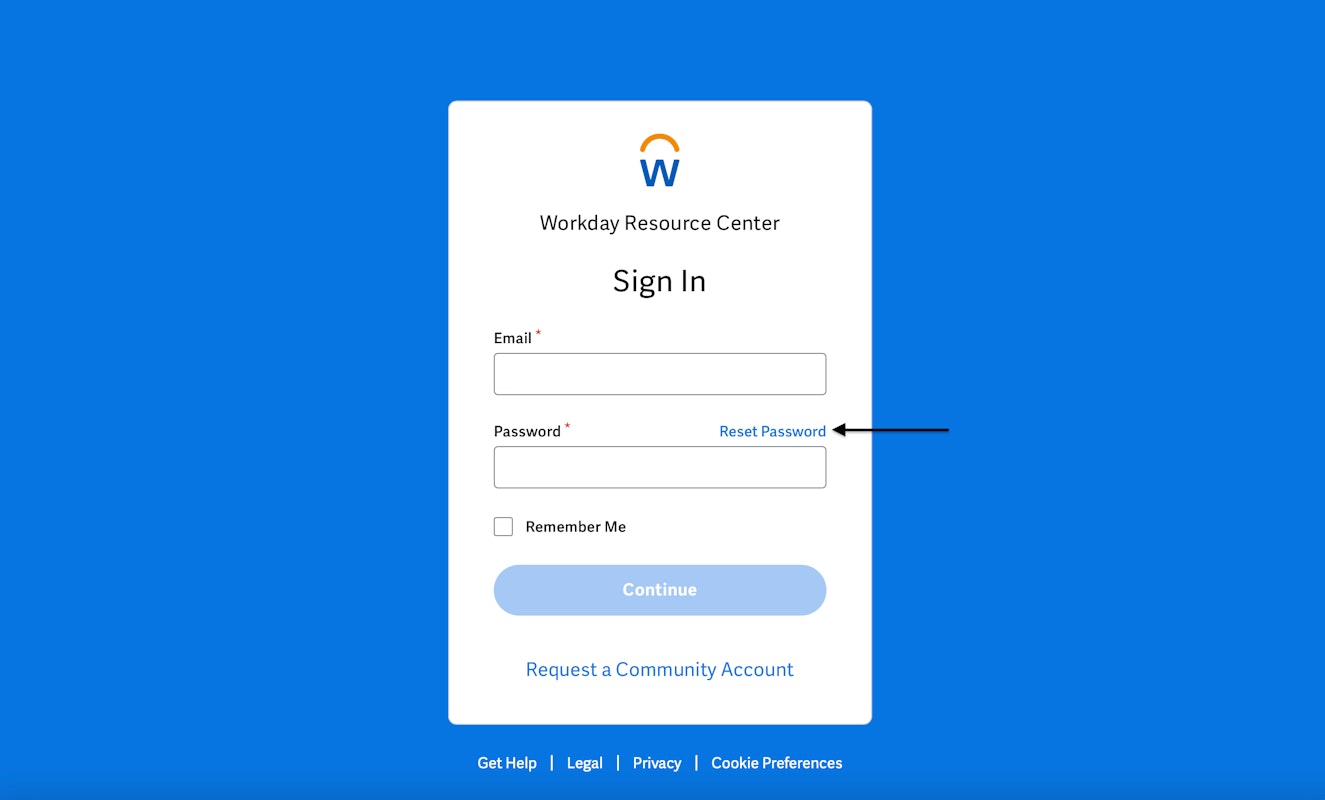Workday login page with the password reset link