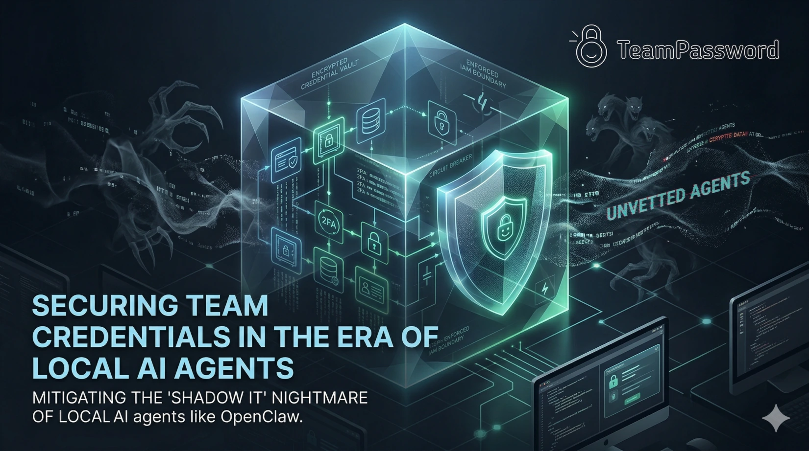 Blog cover image featuring a glowing data vault protecting credentials from shadow AI threats, with the TeamPassword logo.