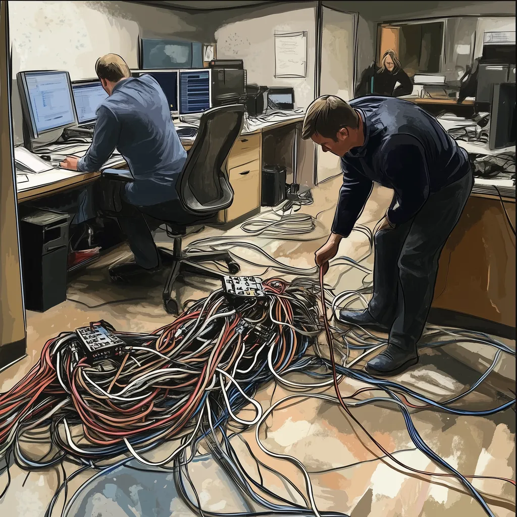 IT network admins working with a mess of cables