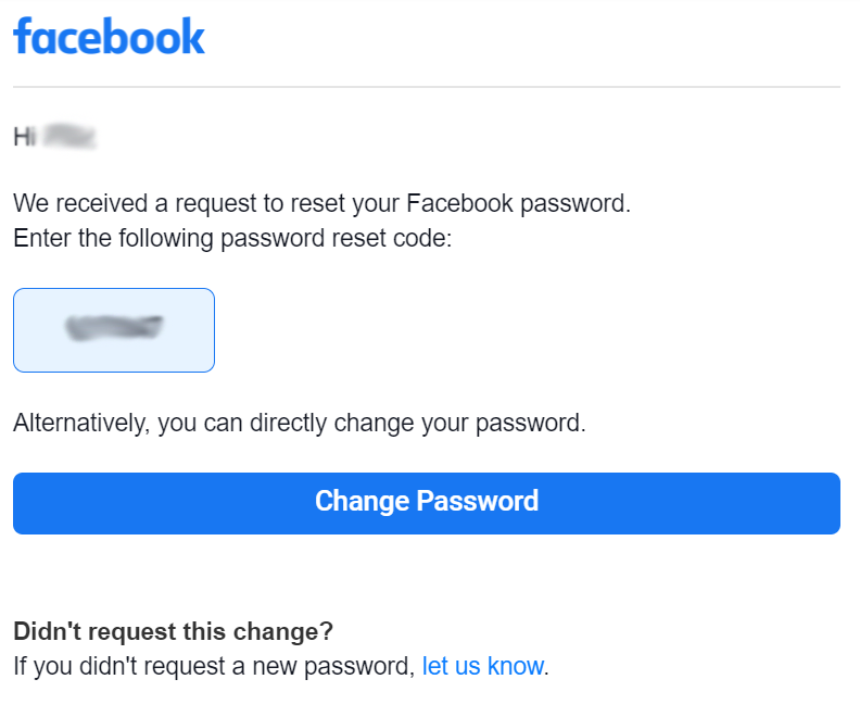 facebook reset password email with "change password" button
