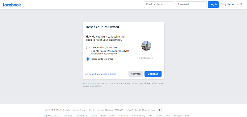 facebook "reset password" confirmation page, asking if the user wants to receive reset code via sms