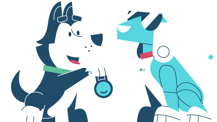 HushKey, the TeamPassword husky, handing a key to a robot HushKey